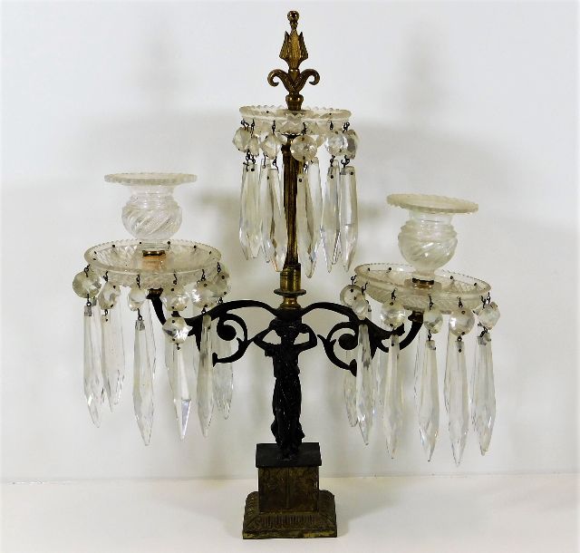 A 19thC. gilt & bronze candelabra cut glass lustre