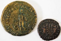 An Antonia Augustus Roman coin circa. 37 A.D twinned with a Constantine II Roman coin circa. 345 AD