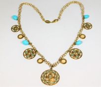 An 18ct gold necklace with enamelled pendants & se