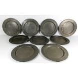 Nine 19thC. pewter plates including some by James