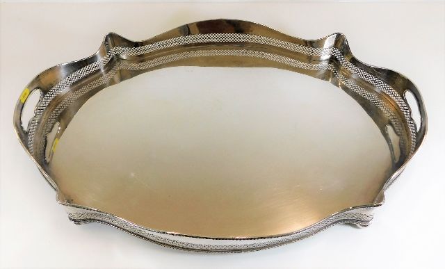 A large 19thC. silver plated butlers gallery tray