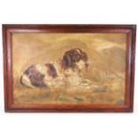 An antique oil on panel of spaniel type dog, image size 18.5in x 11.5in