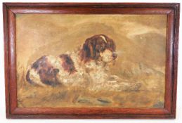 An antique oil on panel of spaniel type dog, image size 18.5in x 11.5in