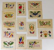 Fourteen WW1 silk hand sewn sweetheart cards