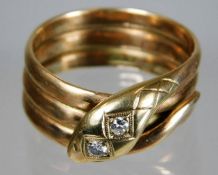 A 9ct gold snake ring set with two diamonds 7.5g s