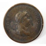 An 1807 penny with indistinct names impressed under "Robinson Cutler"