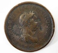 An 1807 penny with indistinct names impressed under "Robinson Cutler"