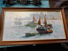 A framed oil on panel of harbour scene
