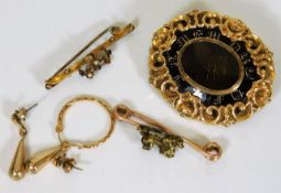 A 19thC. gold plated enamelled memorial brooch case a/f, a small 15ct brooch a/f, a 9ct brooch & one
