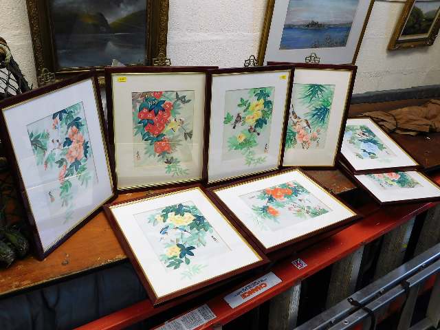 Eight framed hand painted Chinese silk pictures