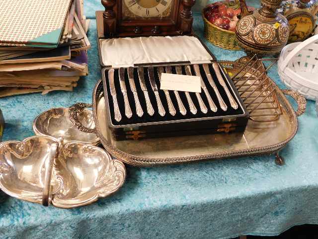 A heavy gauge silver plated gallery tray, two case