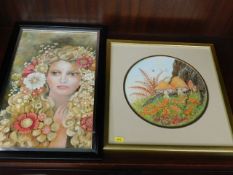 A framed oil of girl with flowers in her hair twin