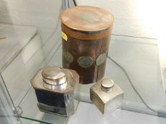 A silver plated tea caddy, a small plated inkwell