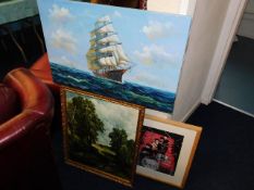 An oil of a ship, a Beatles print & two other prin