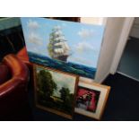 An oil of a ship, a Beatles print & two other prin