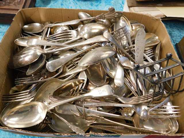 A boxed quantity of mostly antique silver plated f