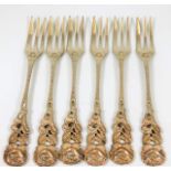 Six rose handled silver pastry forks