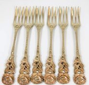 Six rose handled silver pastry forks