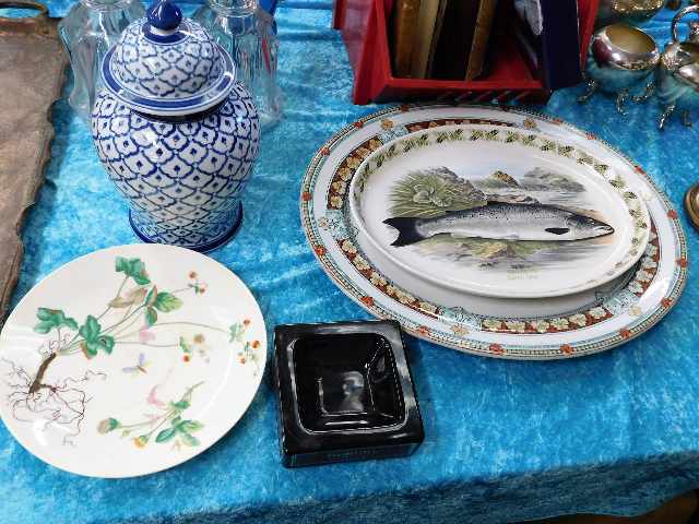 A Portmeirion salmon plate, a Dunhill ashtray four