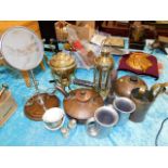 A brass spirit kettle, a graduated measure set & o