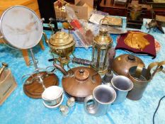 A brass spirit kettle, a graduated measure set & o