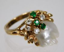 A 14ct gold diamond, emerald & pearl ring size L/M