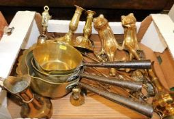 Three brass saucepans & a quantity of other brassw