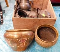 A boxed quantity of pewter, brass & other metalwar