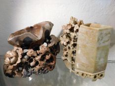 Two pieces of Chinese carved soapstone, one a/f