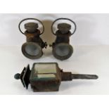 Two brass lamps & one carriage lamp a/f - glass in