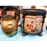 A Oriental style planter, a brass jug, a brass cur