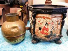 A Oriental style planter, a brass jug, a brass cur