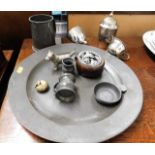 A 19thC. pewter charger & other metalware items