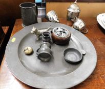 A 19thC. pewter charger & other metalware items