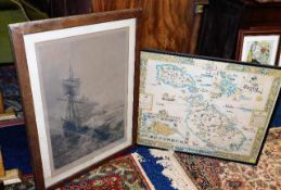 Helen Formstecher signed print sailboats off of St. Michaels Mount, one 20thC. map & three decorativ