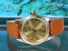 A ladies 14ct gold Rolex Oyster Perpetual wristwatch with original inner & outer box & diamond set n