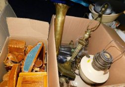 A box of model furniture items & a small quantity other items including brass ware