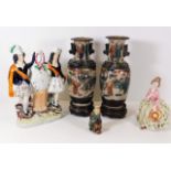 Two c.1900 Chinese crackle glaze vases with stands, a Staffordshire figure & other items