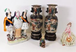 Two c.1900 Chinese crackle glaze vases with stands, a Staffordshire figure & other items