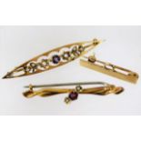 Three 9ct gold brooches, one plain bar & two with