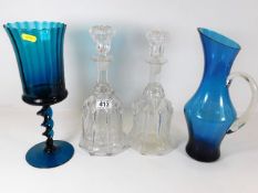 A pair of Victorian lobbed decanters & two modern