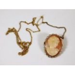 A 9ct gold mounted cameo & a yellow metal chain a/