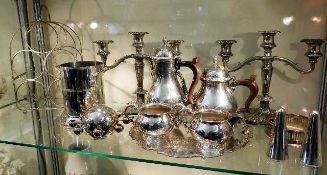 A Danish style silver plated candle holder, a plat