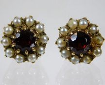A pair of 9ct gold garnet & pearl earrings, old glue repair to one