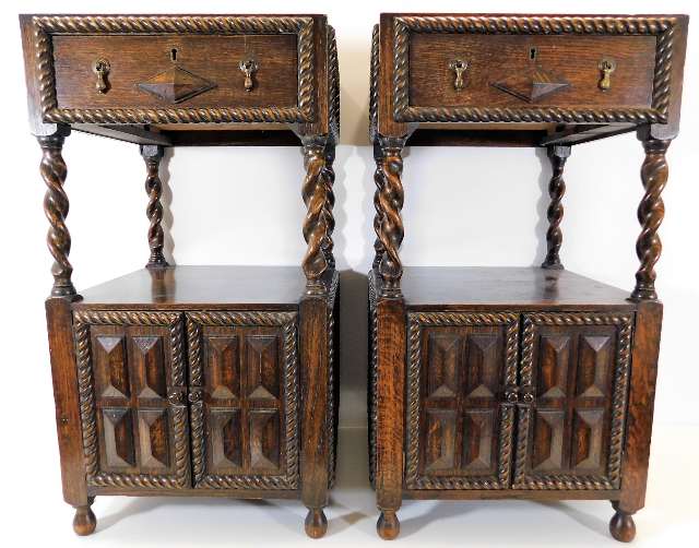 A pair of 1920's oak barley twist bedside cabinets