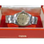 A gents vintage stainless steel Tudor Rolex wrist watch with box, running order, winder moves hands