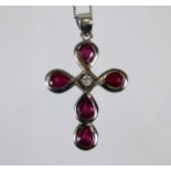 A 9ct white gold cross with chain set with ruby & diamond 4.9g
