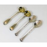 A pair of gilded silver mustard spoons & a pair of