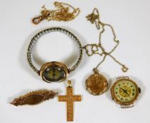 A mixed quantity of 9ct gold items including a cro
