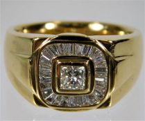 A gents 18ct gold signet ring set with 0.5ct centre stone with baguette cut diamonds 18g